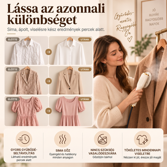 👔✨ Hordozható kézi gőzvasaló – 20 másodperces felmelegedés, szárazvasalás és gőz üzemmód🌫️