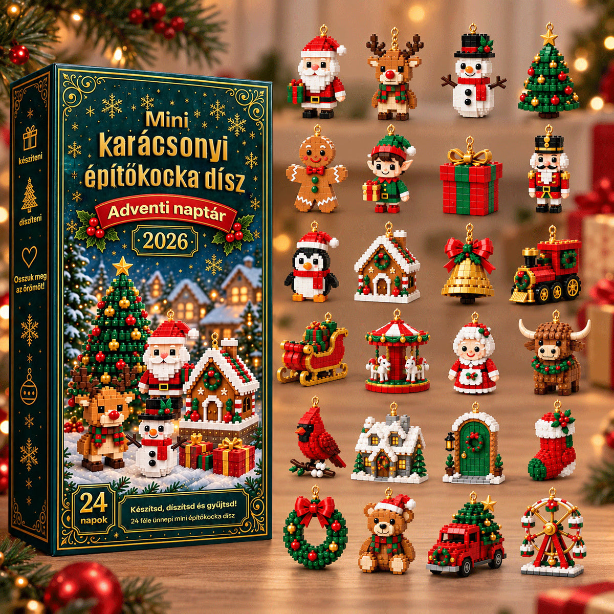 Billhol® 24 részes mini adventi naptár karácsonyi díszekkel | 24 egyedi, ünnepi minta saját kezű összeállításhoz, akasztókkal együtt – tökéletes karácsonyfák, koszorúk és ünnepi dekorációk díszítésére🌙