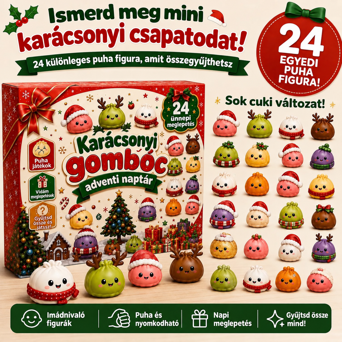 BILLHOL®🌹 KARÁCSONYI KÜLÖNLEGESSÉG | 24 napos mini Squishy adventi naptár – minden nap egy aranyos meglepetéssel! 🎄