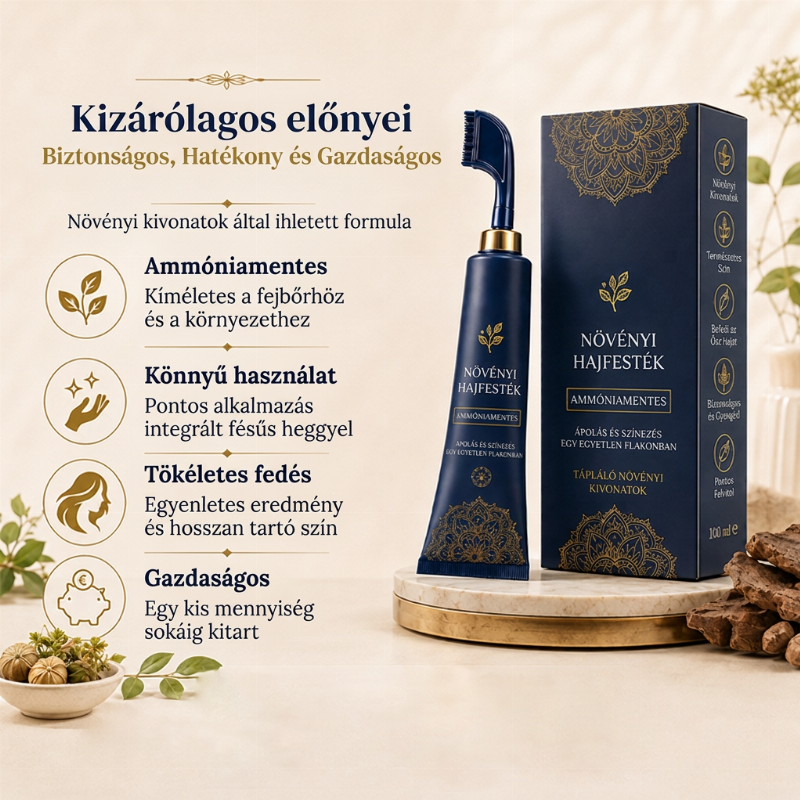🌿 Növényi alapú fésűs hajfesték – 95%-os ősz hajtakarás, ammóniamentes