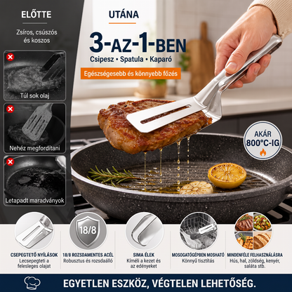 🍳🔥 3 az 1-ben rozsdamentes acél fogó – Sokoldalúan használható steakhez, grillezéshez és sütéshez