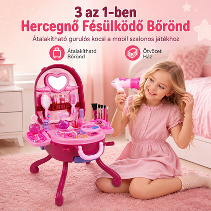 👑50% KEDVEZMÉNY! 🎀3 az 1-ben gyerek szépítőasztal görgős bőröndkészlet