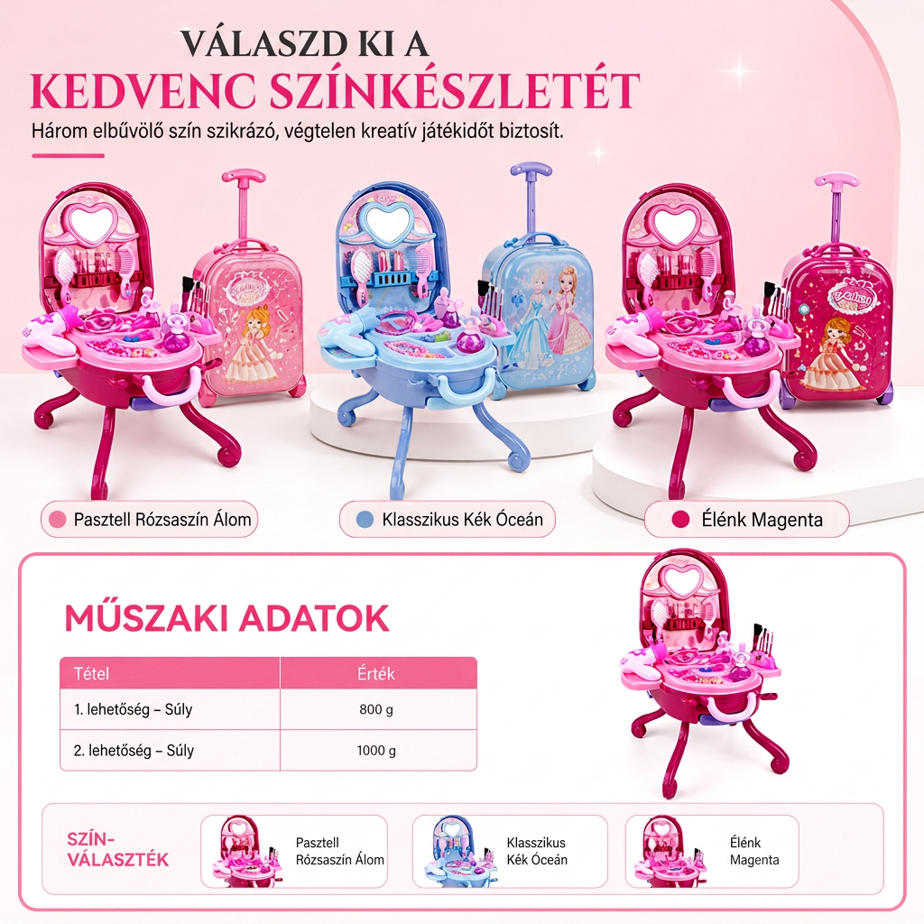 👑50% KEDVEZMÉNY! 🎀3 az 1-ben gyerek szépítőasztal görgős bőröndkészlet