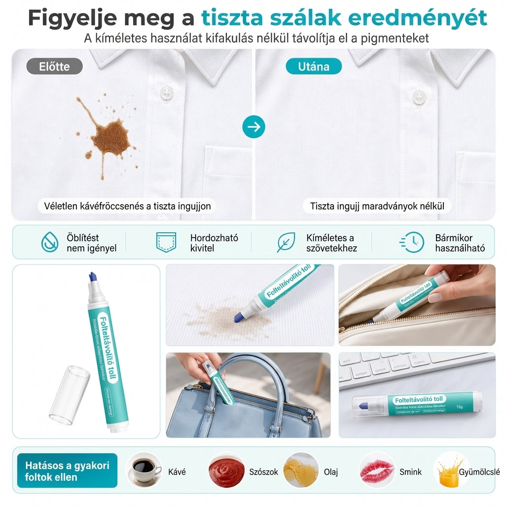 🖊️ Hordozható folteltávolító toll – Azonnali víztelen szöveti folttisztító, precíziós hegyű folteltávolító kávé-, étel- és italfoltokhoz