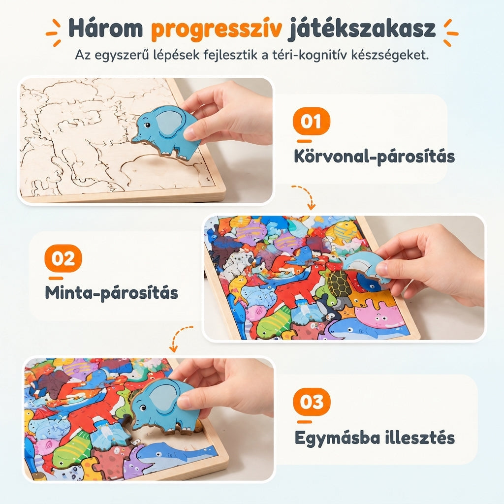 🐘🦒Gyerekeknek és kisgyerekeknek szóló, fából készült, rajzfilmfigurás állatpuzzle