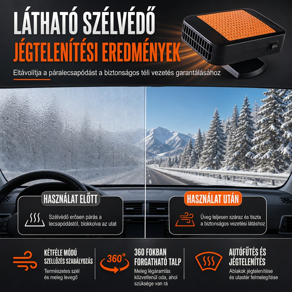 ❄️🚗 Hordozható 12V-os autó szélvédő jég- és páraleolvasztó ventilátor – Autófűtés és hűtőventilátor 🌀